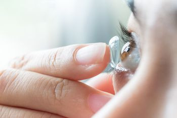 Woman placing contact lens in her eye